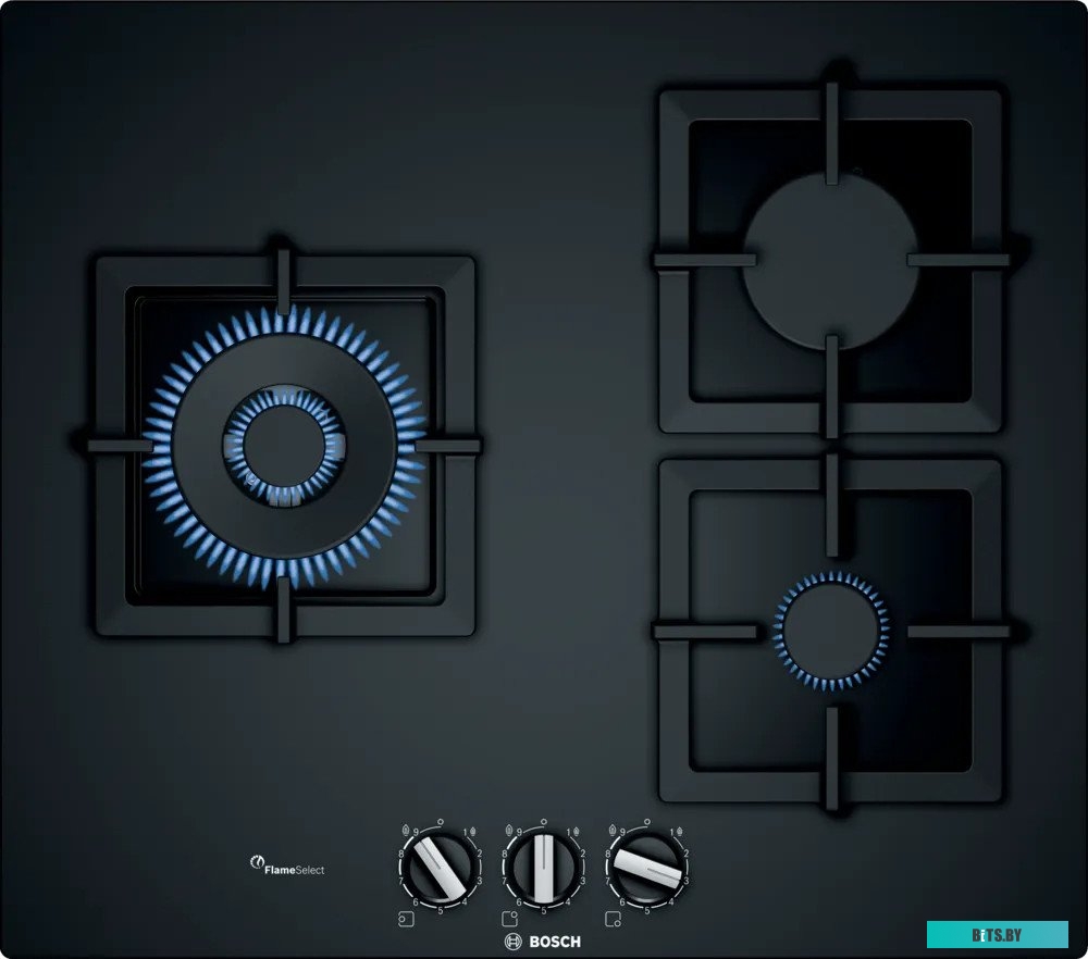 PPC6A6B20 Serie 6, газовая варочная панель, 60см,3 конфорки,закаленное стекло, черная,1 WOK-конфорка c 2 контурами пламени, FlameSelect,чугунные решет