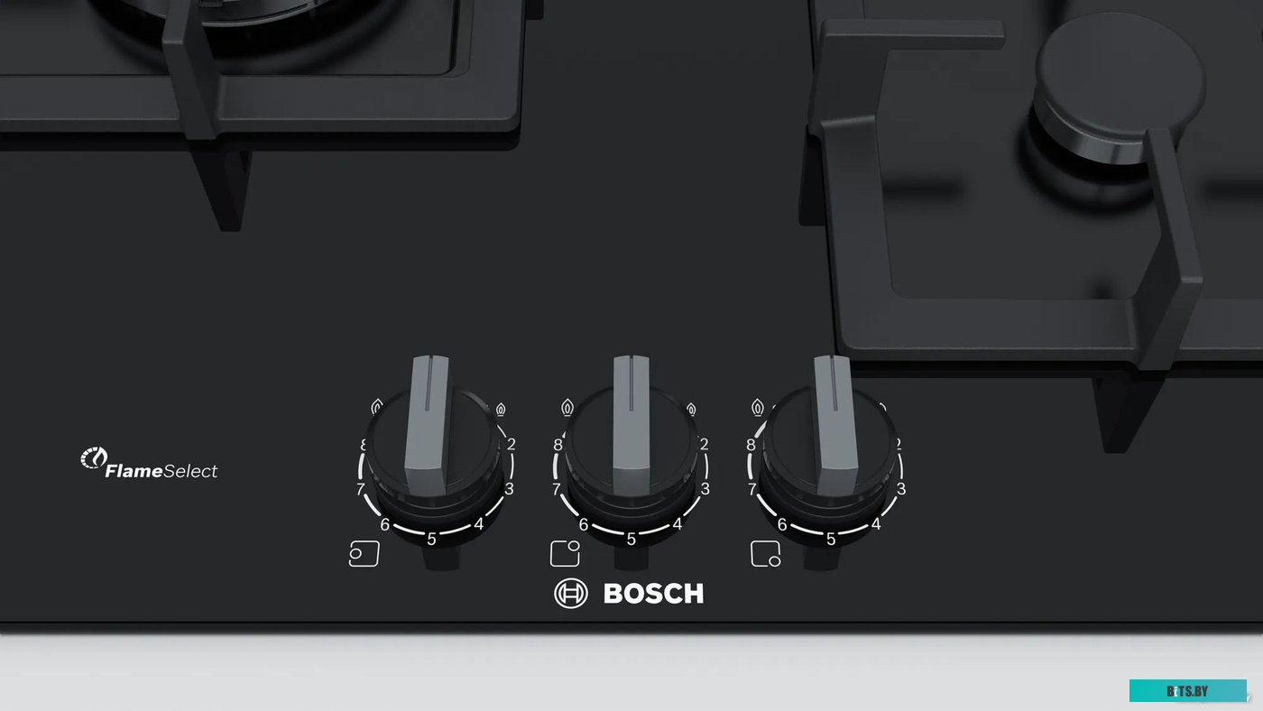 PPC6A6B20 Serie 6, газовая варочная панель, 60см,3 конфорки,закаленное стекло, черная,1 WOK-конфорка c 2 контурами пламени, FlameSelect,чугунные решет