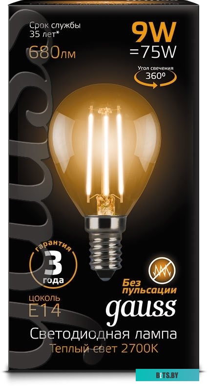 105801209 Лампа филам. Gauss Filament 9Вт цок.:E14 шар 220B 4100K св.свеч.бел.нейт. (упак.:10шт) (105801209)