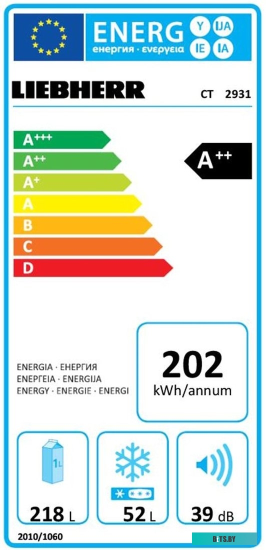 CTe 2931-26 001 Холодильник LIEBHERR/ 157.1x55x63, 218/52 л, ручная разморозка, верхняя морозильная камера, белый