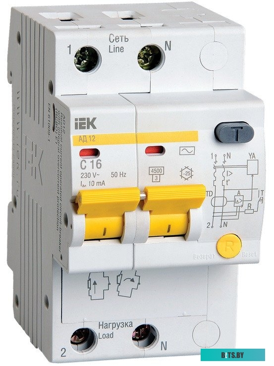 Дифференциальный автомат IEK MAD10-2-016-C-010 АД12 16А тип C 4.5кА 10мА AC 2П 230В