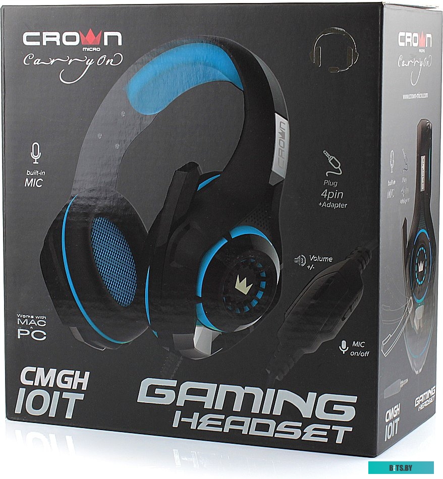 CMGH-101T Black&Blue Наушники игровые CMGH-101T Black&Blue Crown (jack 3.5мм 4pin+ адаптер 2*jack spk+mic, Кабель 2.1м, D 250мм, регулировка громкости