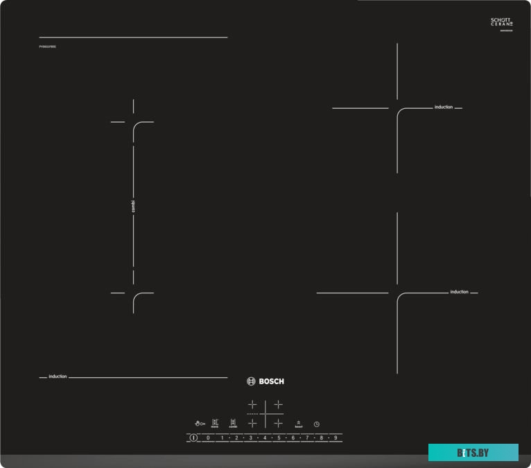 PVS631FB5E Serie   4, индукционная варочная поверхность, стеклокерамика, дизайн со скошенным фронтом, черная, ширина 60 см, 4 конфорки, конфорки слева