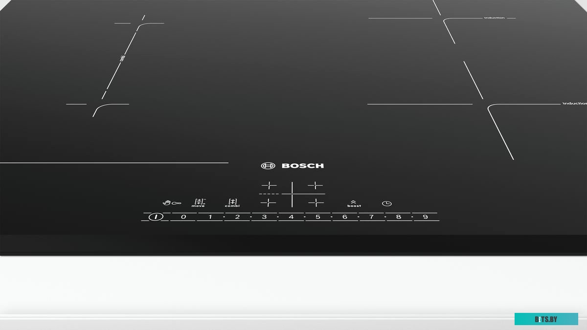 PVS631FB5E Serie   4, индукционная варочная поверхность, стеклокерамика, дизайн со скошенным фронтом, черная, ширина 60 см, 4 конфорки, конфорки слева