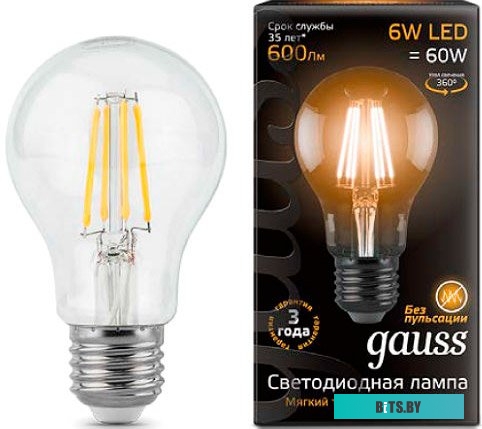 102802106 Лампа светодиодная Gauss Filament A60 6Вт цок.:E27 груша 220B 2700K св.свеч.бел.теп. (упак.:1шт) (102802106)