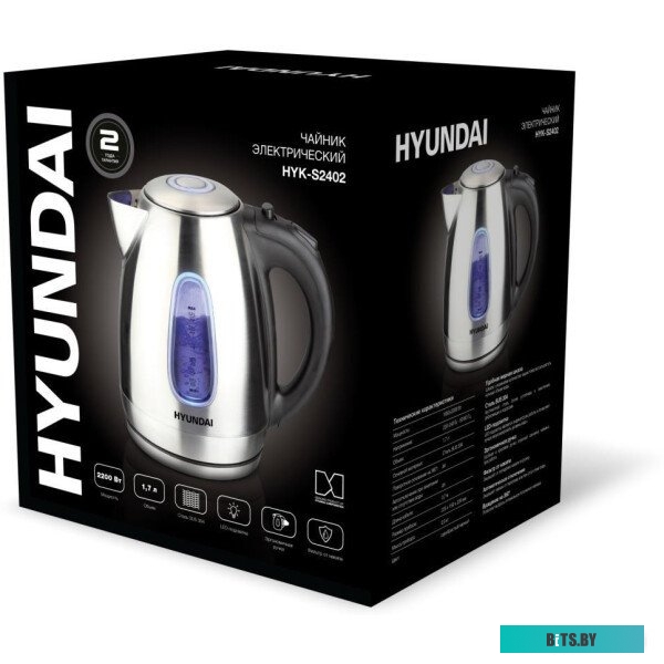 HYK-S2402 Чайник электрический Hyundai HYK-S2402 1.7л. 2200Вт серебристый матовый/черный (корпус: нержавеющая сталь)