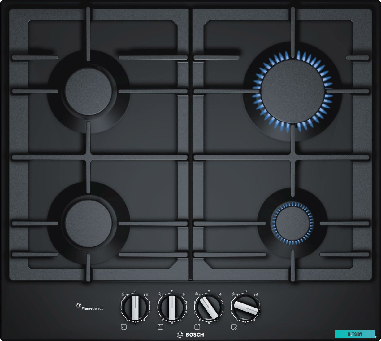PCP6A6B90R Газовая варочная панель 60 см, Serie 6, 4 конфорки, газ-контроль, черный цвет