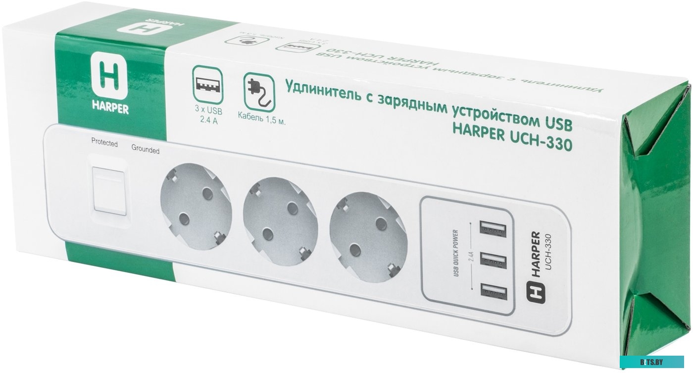Harper Сетевой фильтр с USB зарядкой UCH-530 White (5 роз.,1,5м.,3 x USB 2.4A (max 3.4A), 4000W) {H00002264}
