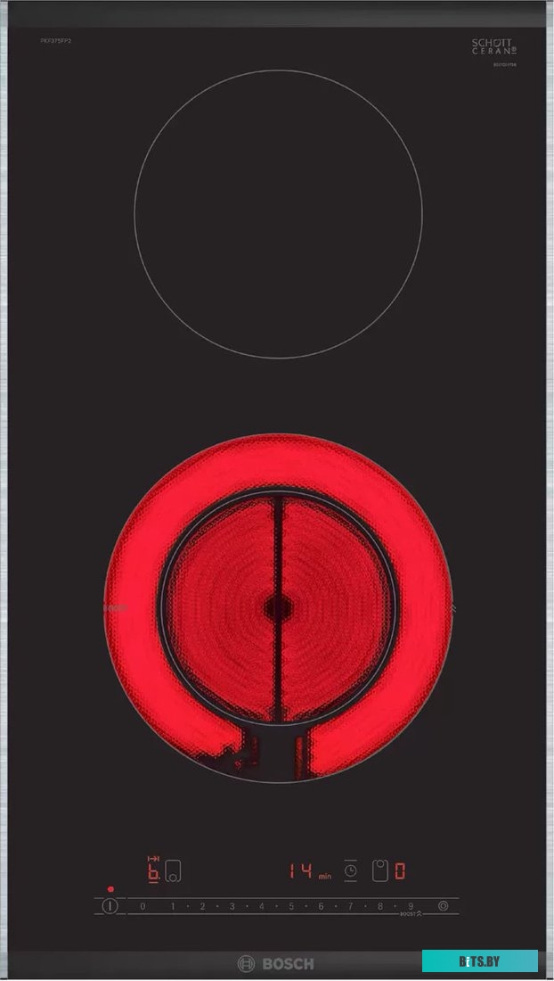 PKF375FP2E Serie 6, электрическая варочная поверхность, стеклокерамика, черная, ширина 30 см, рамка Comfort, 2 конфорки, 1 конфорка с круглой зоной ра