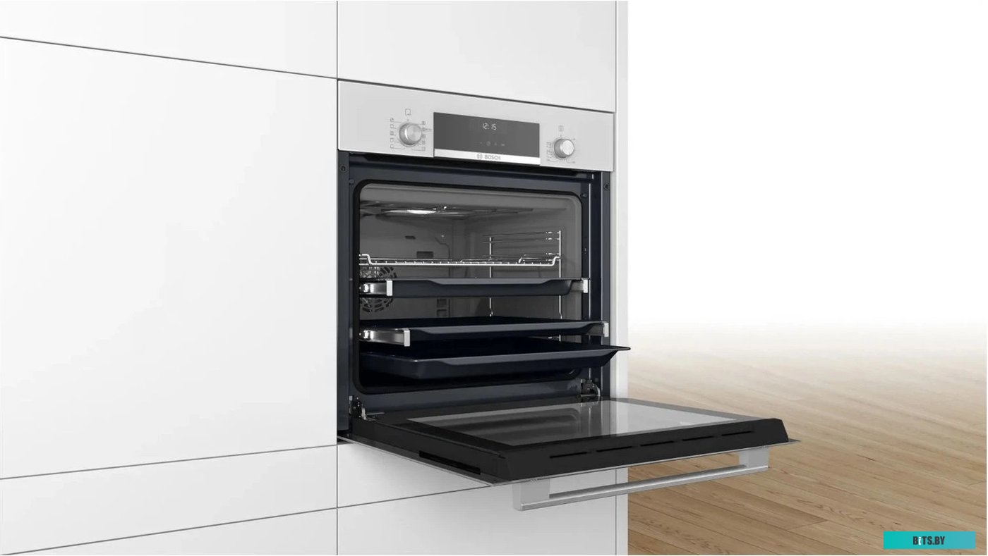 HBJ558YW3Q Serie 6, духовой шкаф электрический, 60 см, 66 л, белый, класс энергоэффективности А, 8 режимов, LCD-дисплей, галогенное освещение, самоочи