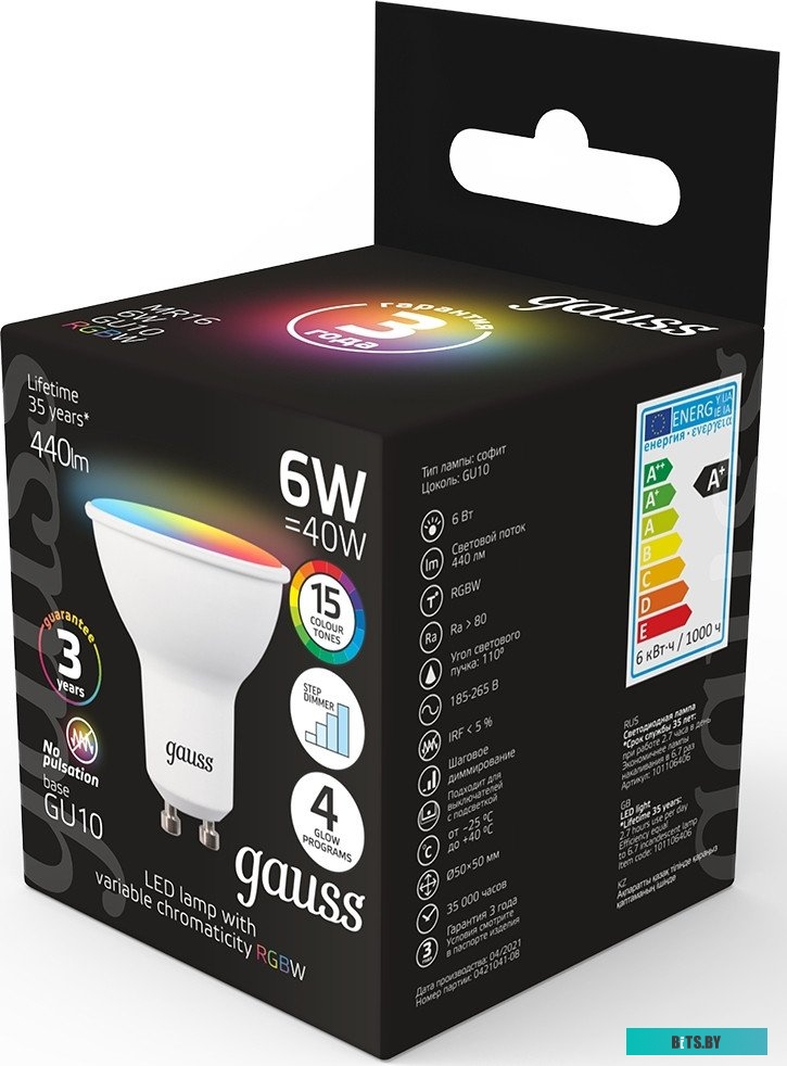 101105406 Лампа светодиодная Gauss 101105406 6Вт цок.:GU5.3 софит 175B св.свеч.RGB MR16 (упак.:1шт)