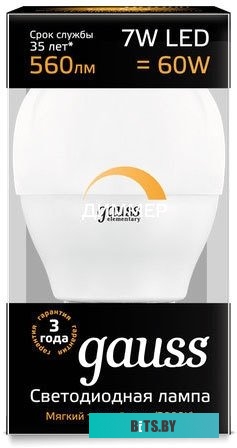 105102307-D Лампа светодиодная Gauss 105102307-D 7Вт цок.:E27 шар 150B 6500K св.свеч.бел.хол. (упак.:1шт)