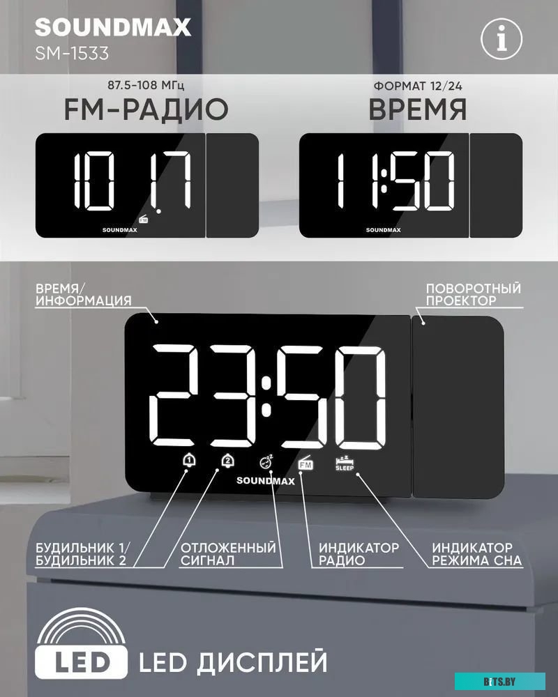 SM-1533BW Радиочасы Soundmax SM-1533 (черный с белым) Кварцевый стабилизатор / Тип дисплея светодиодный / Высота символов 1,6" (4.06 см) / Индикация д