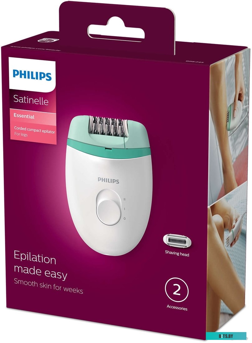 BRE245/00 Эпилятор Philips BRE245/00 скор.:2 насад.:2 от электр.сети белый/мятный