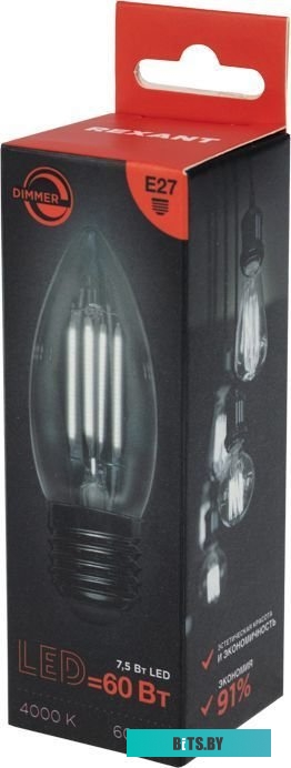 604-090 Лампа филам. Rexant 7.5Вт цок.:E27 свеча 220B 4000K св.свеч.бел.нейт. CN (упак.:10шт) (604-090)