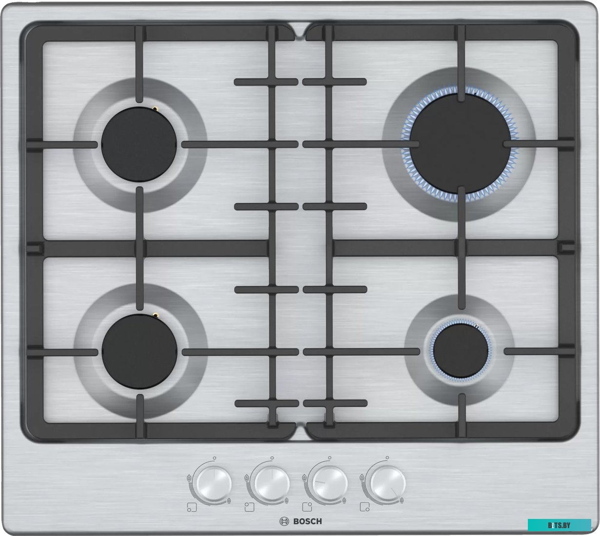PGP6B5O93R Serie 4, газовая варочная панель, 60см, нержавеющая сталь, 4 конфорки,1 конфорка повышенной мощности, составные чугунные решетки, газ-контр