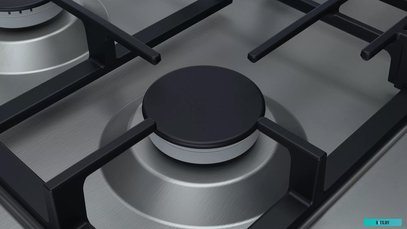 PGP6B5O93R Serie 4, газовая варочная панель, 60см, нержавеющая сталь, 4 конфорки,1 конфорка повышенной мощности, составные чугунные решетки, газ-контр