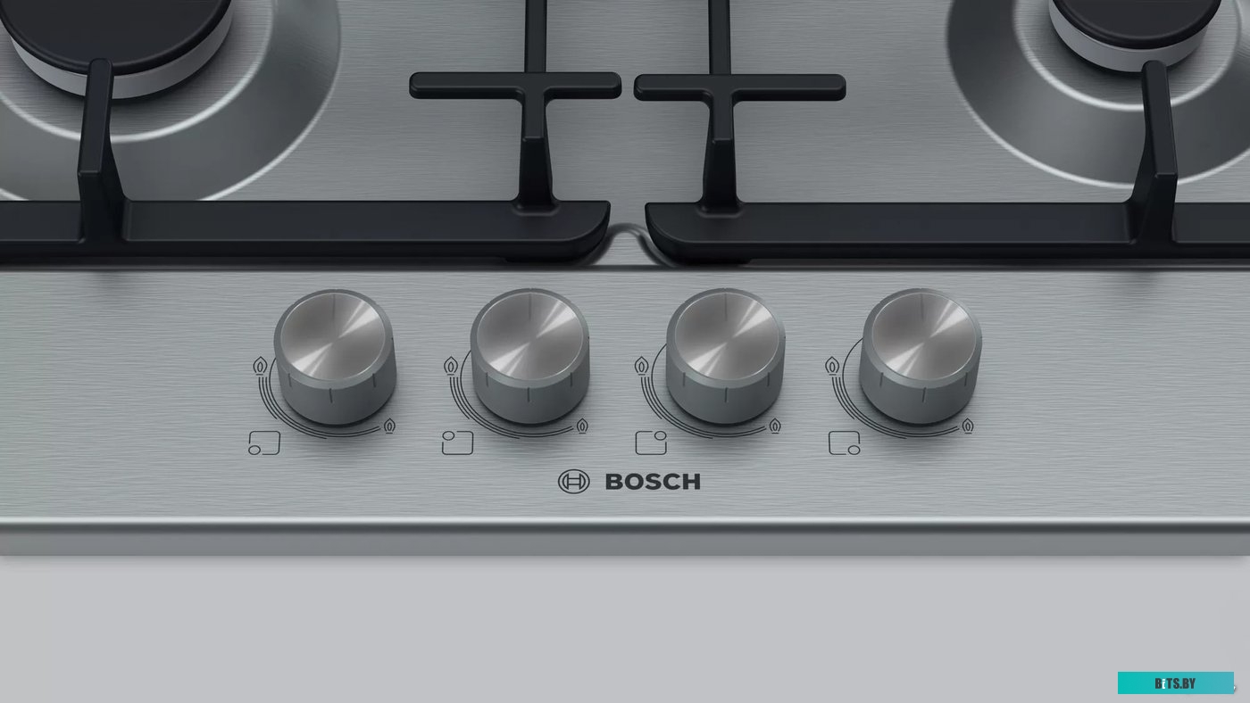 PGP6B5O93R Serie 4, газовая варочная панель, 60см, нержавеющая сталь, 4 конфорки,1 конфорка повышенной мощности, составные чугунные решетки, газ-контр