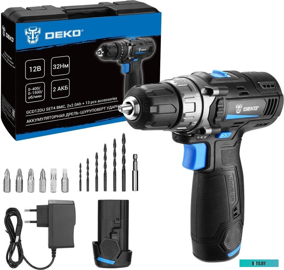 Дрель-шуруповерт Deko GCD12DU3 SET 4 063-4140 (с 2-мя АКБ, кейс, набор оснастки)