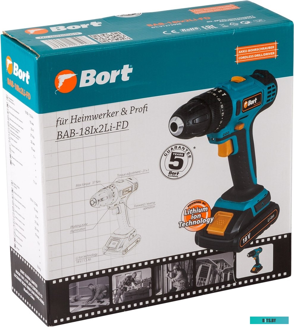 Дрель-шуруповерт Bort BAB-18Ix2Li-FD (с 2-мя АКБ, кейс) <91275998>