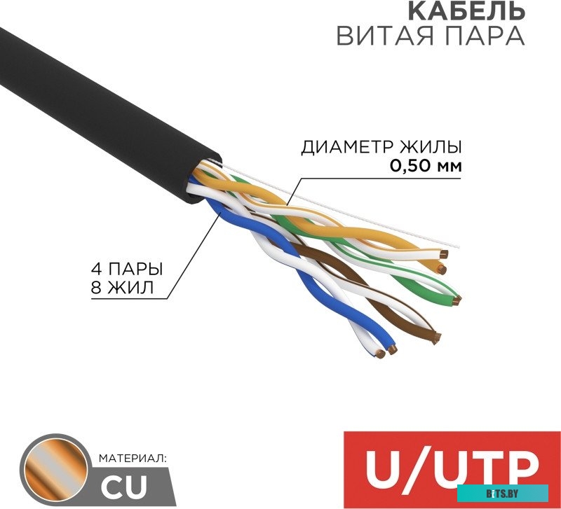 Кабель REXANT Кабель витая пара U/UTP, категория 5e, ZH нг(А)-HF, 4PR, 24AWG, OUTDOOR, SOLID, черный, 305м 01-0065