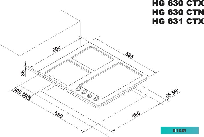 HG 631 CTX Встраиваемая варочная панель/ Газ,  Steel Pro, 60x51 см, газовая, независимая, ромбовидное расположение конфорок, электроподжиг, газ-контро