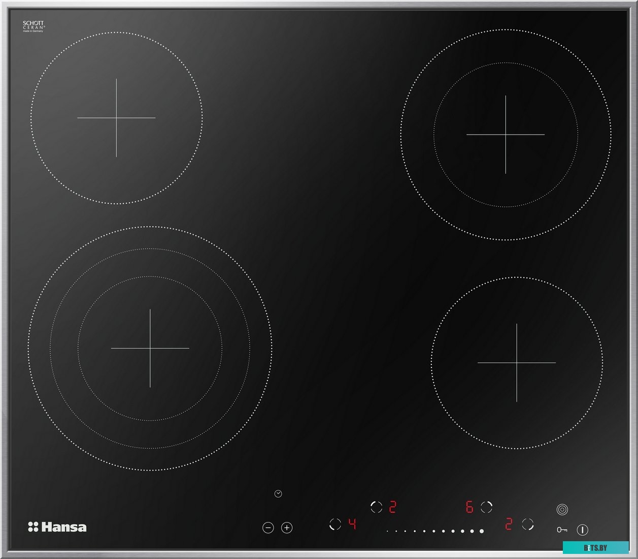 BHCI96808 Встраиваемая варочная панель/ Электрическая,  Стеклокерамика, тип нагрева Hi Light (2x14,5см, 1x12/18cм (двойная конфорка), 1x12см/17,5см/21