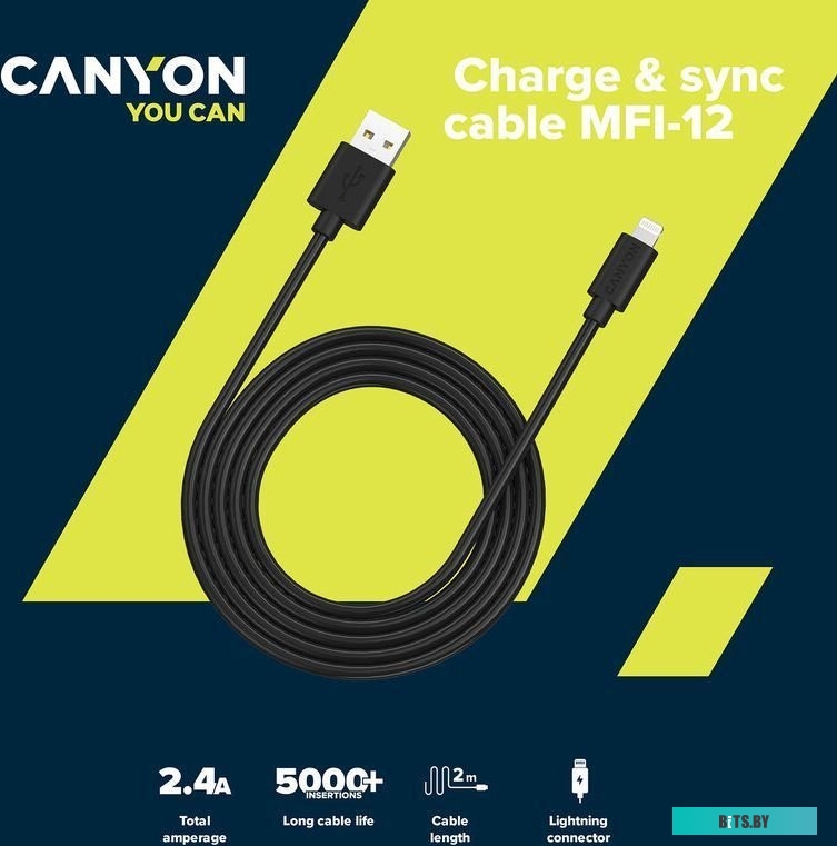 Кабель Canyon CNS-MFIC12B USB Type-A - Lightning (2 м, черный)