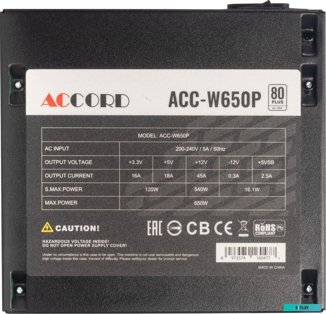 ACC-W650P Блок питания Accord ATX 650W ACC-W650P 80 PLUS WHITE (20+4pin) 120mm fan 6xSATA RTL