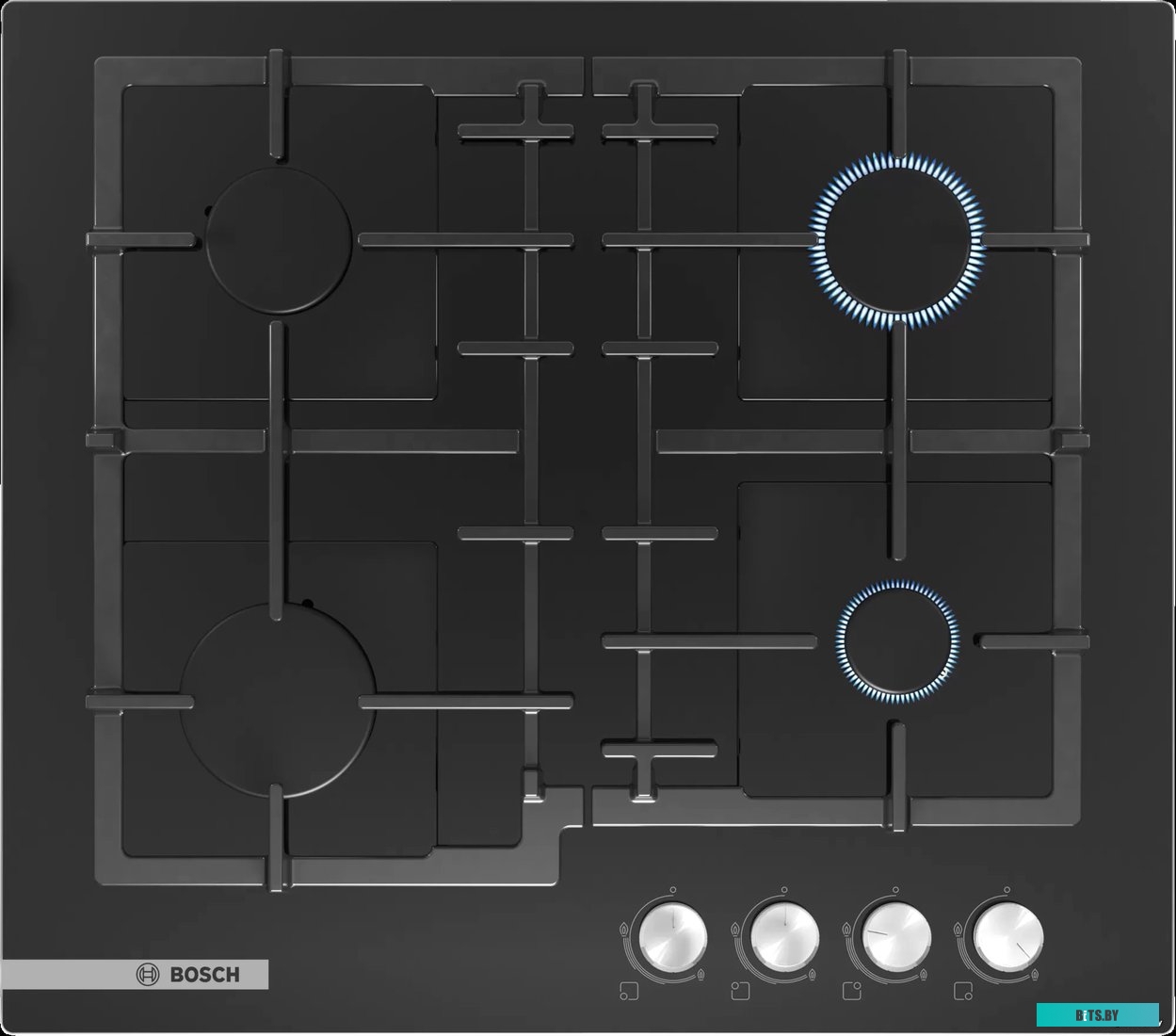 PNP6B6O92R Serie 4, газовая варочная панель, 60см, закаленное стекло, черный, 4 конфорки,1 конфорка повышенной мощности, индивидуальные чугунные решет