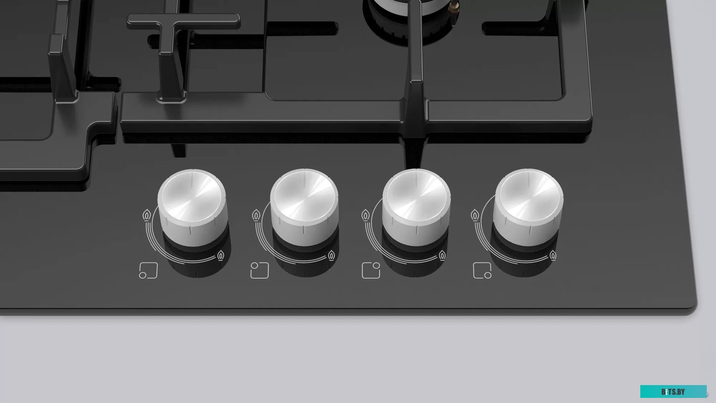 PNP6B6O92R Serie 4, газовая варочная панель, 60см, закаленное стекло, черный, 4 конфорки,1 конфорка повышенной мощности, индивидуальные чугунные решет