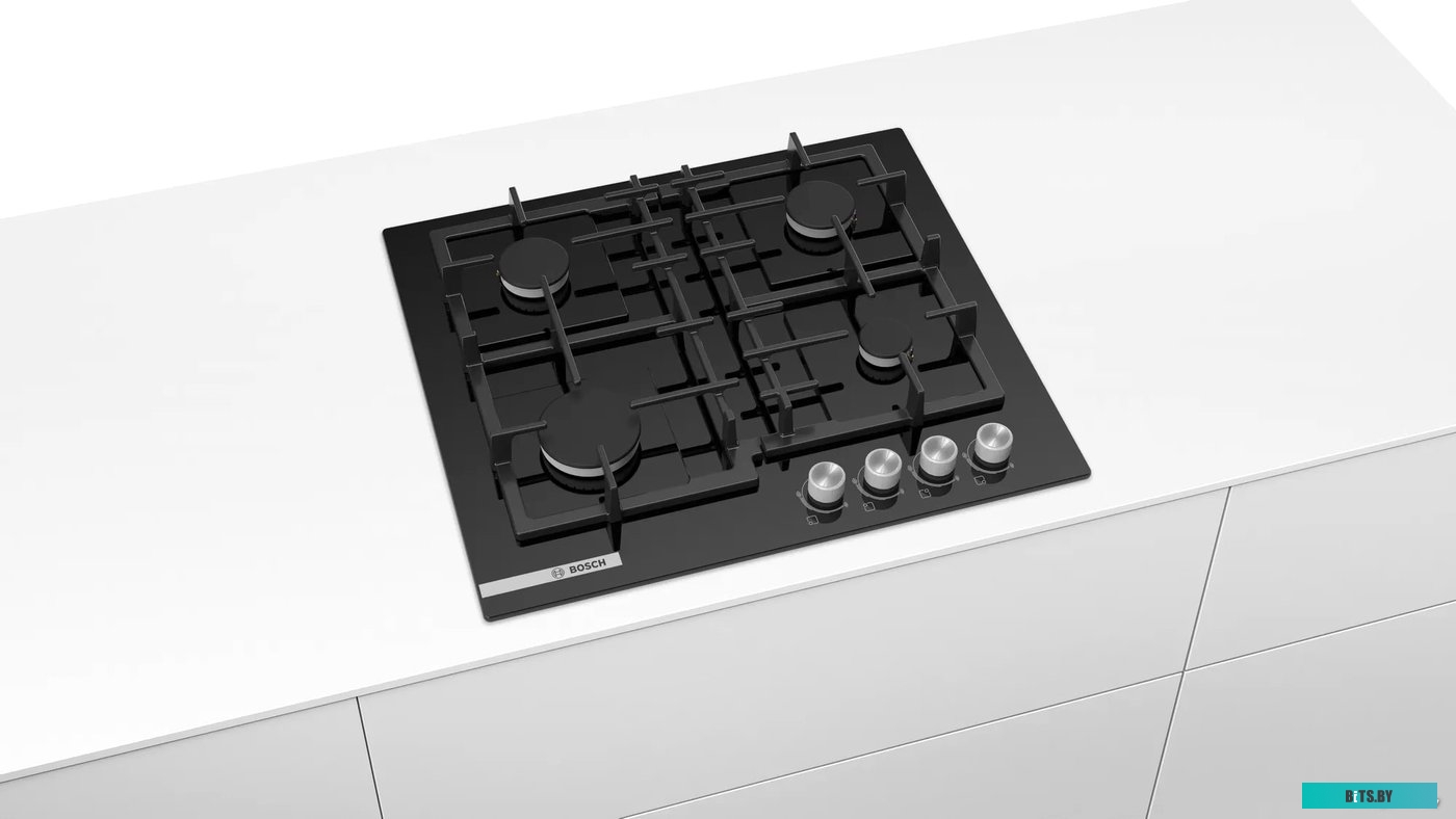 PNP6B6O92R Serie 4, газовая варочная панель, 60см, закаленное стекло, черный, 4 конфорки,1 конфорка повышенной мощности, индивидуальные чугунные решет