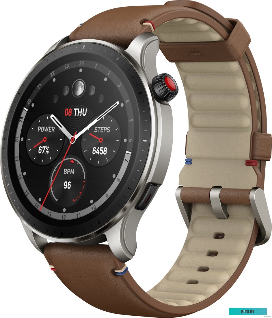 Amazfit GTR 4 (серебристый, с коричневым кожаным ремешком)