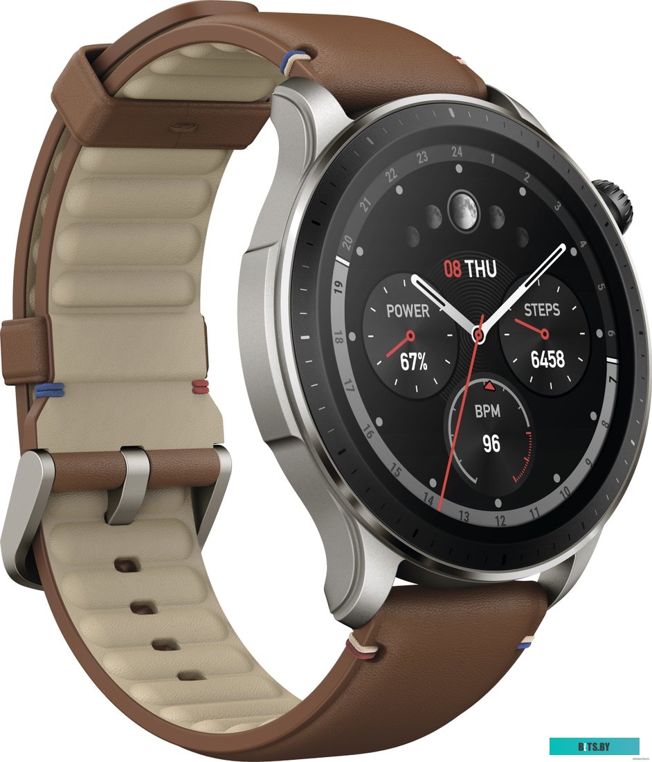 Amazfit GTR 4 (серебристый, с коричневым кожаным ремешком)