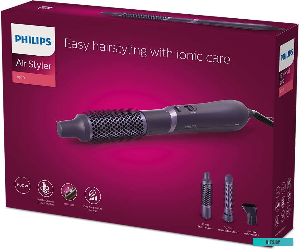 BHA305/00 Фен-щетка Philips/ Фен-щетка Philips, мощность 800 Вт, 2 скорости, 3 режима нагрева, кератиновое керамическоге покрытие, ионный уход, 3 наса