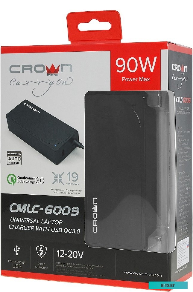 Зарядное устройство Crown CMLC-6009 (19 коннекторов, 90W, 12-20V, USB QC 3.0)