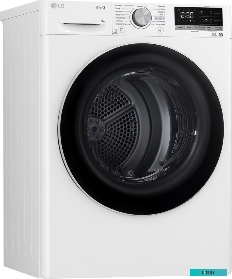 DC90V5V0W Сушильная машина LG Electronics c тепловым насосом и автоочисткой конденсатора, 9кг, A++, 850х600х690 мм, инвертерный компрессор, белый