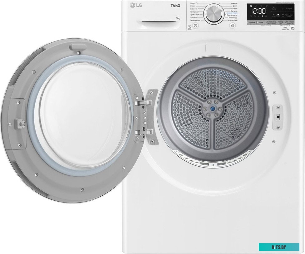 DC90V5V0W Сушильная машина LG Electronics c тепловым насосом и автоочисткой конденсатора, 9кг, A++, 850х600х690 мм, инвертерный компрессор, белый