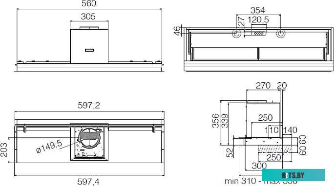 LEVER IX/A/56-PRF0160153 Вытяжки ELICA/ Вытяжка встраиваемая, 56 см, 1100 куб.м., нержавеющая сталь+стекло