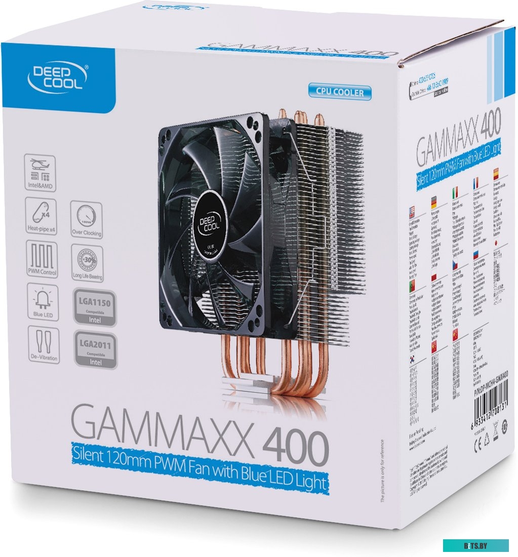 Кулер Deepcool Universal GammaXX 400 (S-2011/1155/1366/775/AM3+/FM2, 900-1500RPM, 21.4-32.1dBA, 60.29CFM, Cu+Al+4HP, PWM, Blue LED) RTL