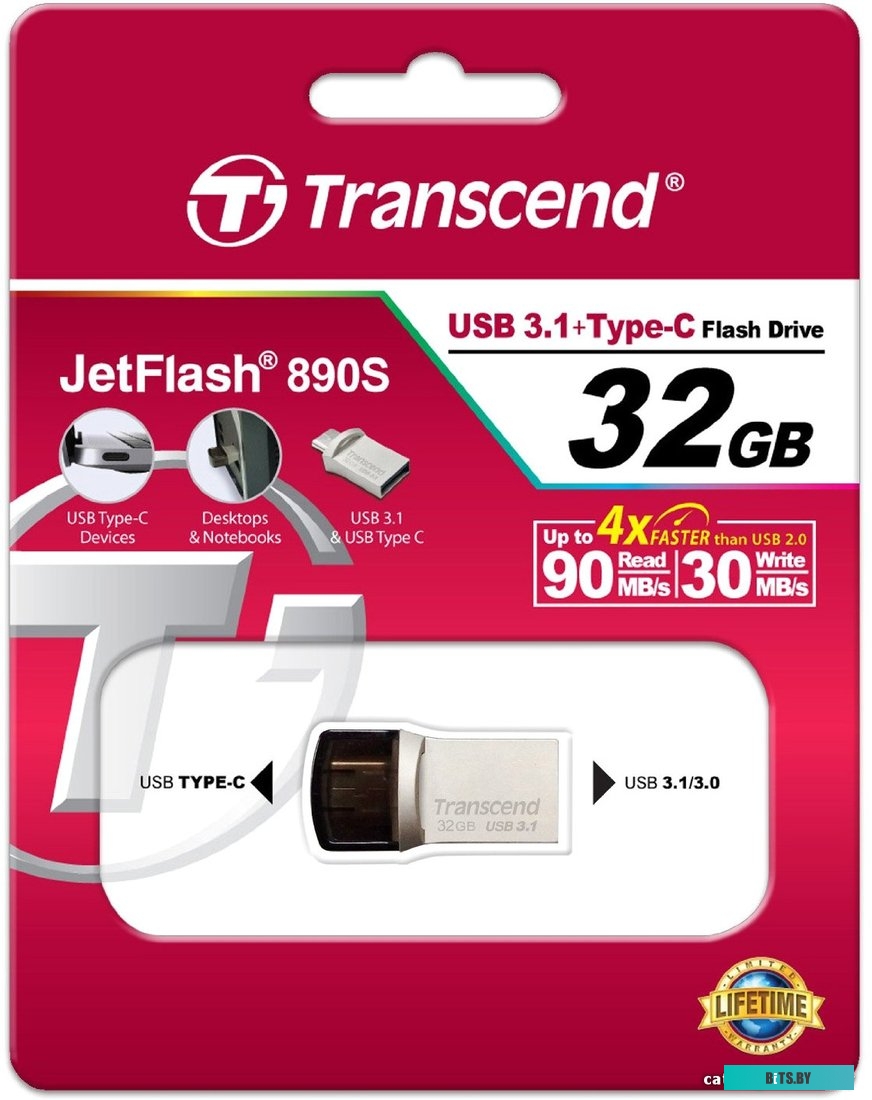 USB накопитель (Флешка) Transcend JetFlash 890S USB3.1 + Type-C 32GB [TS32GJF890S]