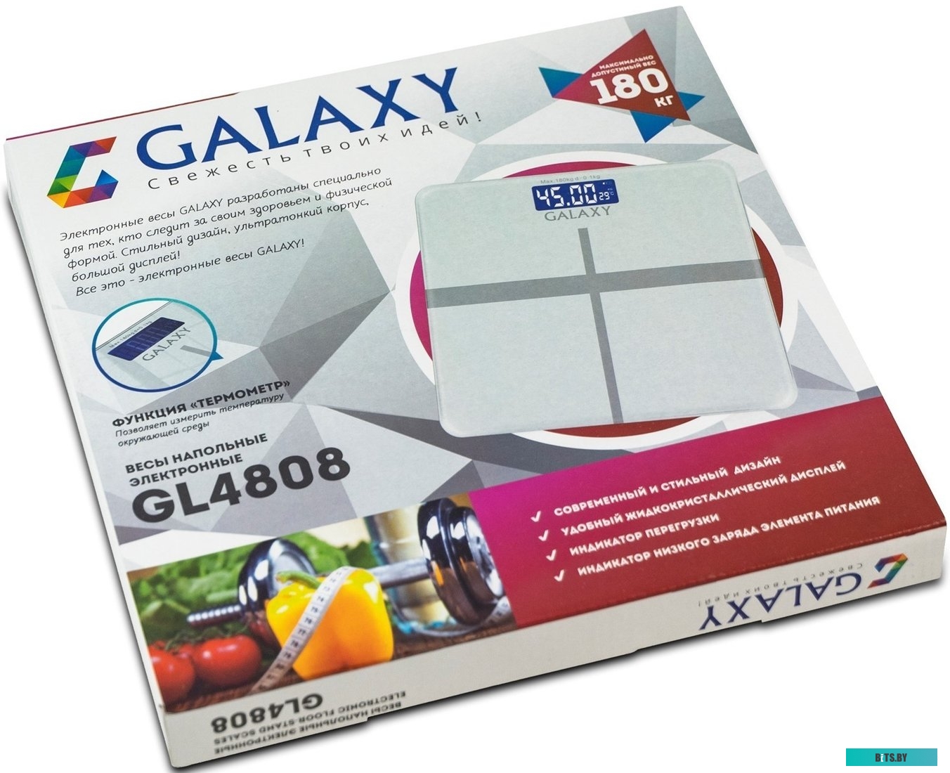 GL4808 Весы напольные GL4808 Galaxy Line электронные, платформа из стекла, ЖК-дисплей, автоматическое отключение, индикатор перегрузки, индикация низк