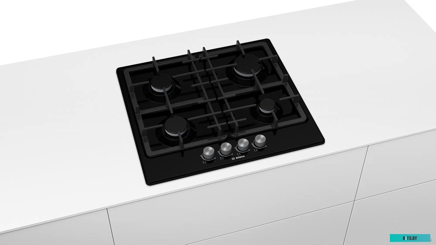 PGP6B6O93R Газовая варочная панель 60 см, Serie 4, 4 конфорки, газ-контроль, черный цвет