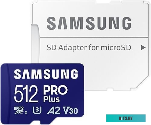 MB-MD512SA/KR Карта памяти MicroSDXC 512GB Samsung PRO Plus MB-MD512SA/KR Class 10, A2, V30, UHS-I (U3), W 130 МБ/с, R 180 МБ/с, адаптер на SD