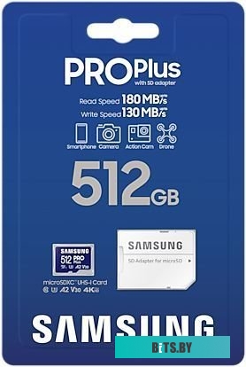MB-MD512SA/KR Карта памяти MicroSDXC 512GB Samsung PRO Plus MB-MD512SA/KR Class 10, A2, V30, UHS-I (U3), W 130 МБ/с, R 180 МБ/с, адаптер на SD