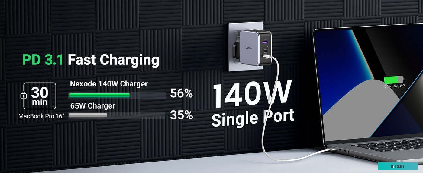 CD289-90549 Сетевое зарядное устройство UGREEN CD289-90549; USB-A+2*USB-C 140W GaN Tech + C to C кабель 2M, Black