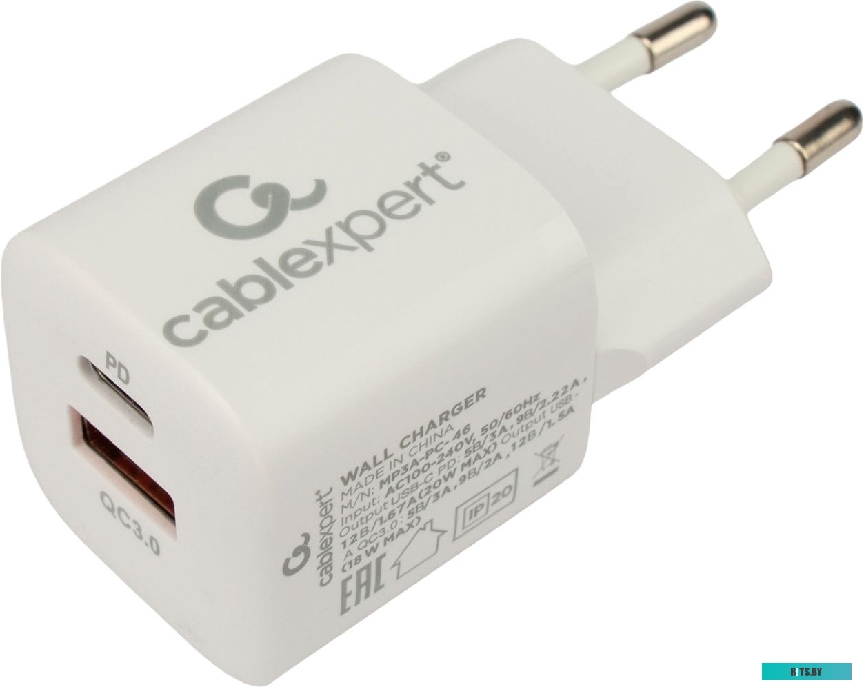 Зарядное устройство Cablexpert MP3A-PC-46, 20Вт, QC3.0/PD, 1хUSB, 1хType-C, белый MP3A-PC-46