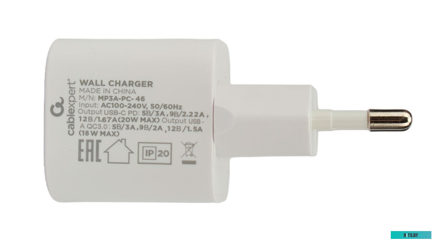 Зарядное устройство Cablexpert MP3A-PC-46, 20Вт, QC3.0/PD, 1хUSB, 1хType-C, белый MP3A-PC-46