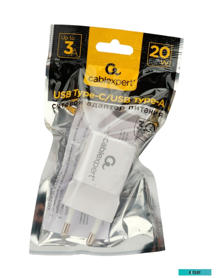 Зарядное устройство Cablexpert MP3A-PC-46, 20Вт, QC3.0/PD, 1хUSB, 1хType-C, белый MP3A-PC-46