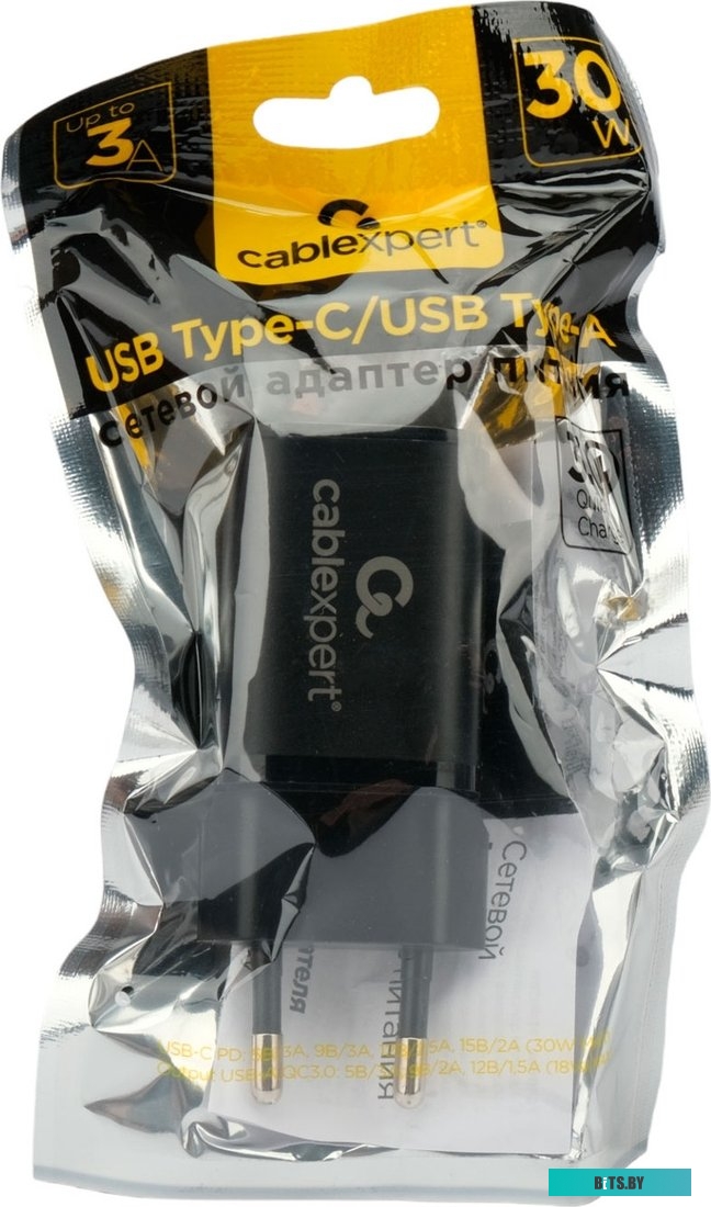 Зарядное устройство Cablexpert MP3A-PC-43 30Вт GaN, 3А, QC4.0/PD, 1хUSB, 1хType-C, черный, пакет MP3A-PC-43